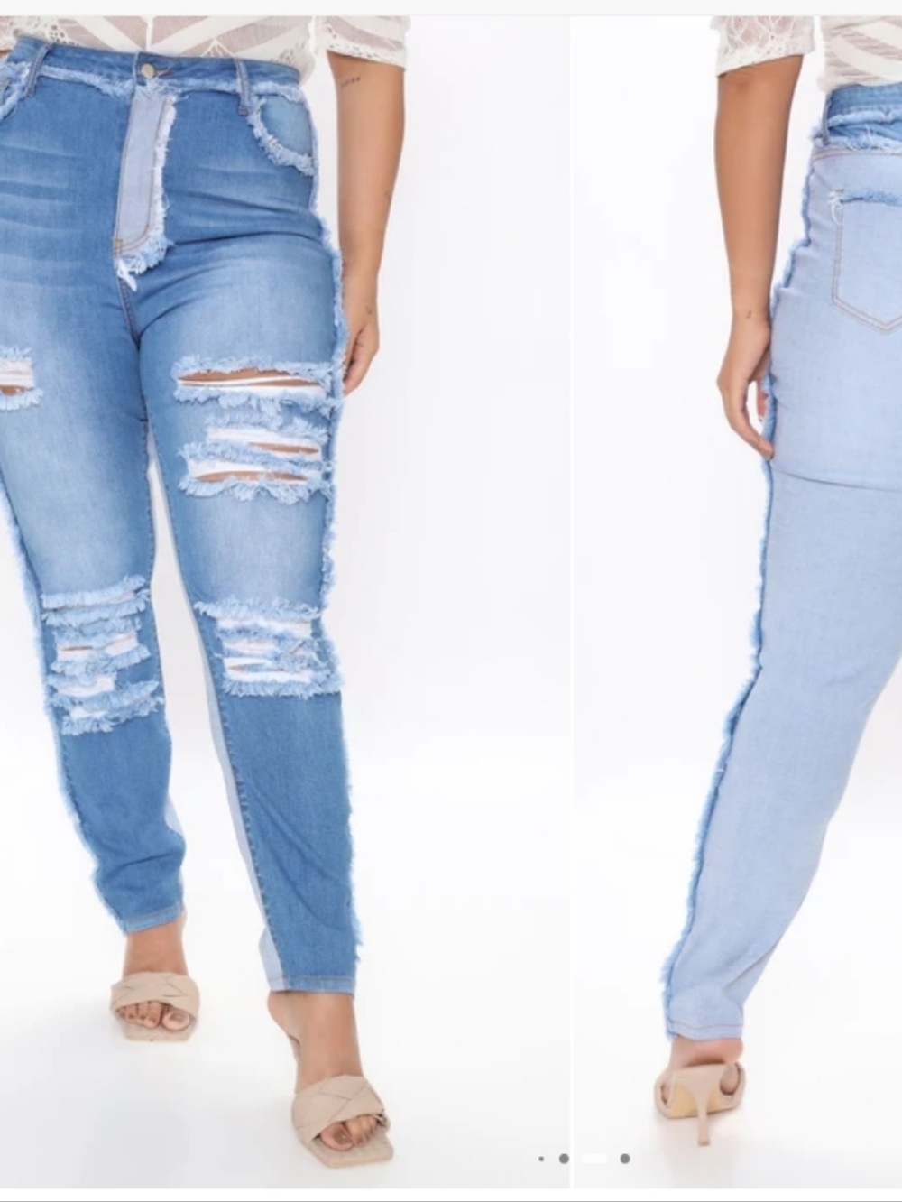 Fashion Nova Pull It Together Two Tone Skinny Distressed Light Blue Jeans - Picture 5 of 8